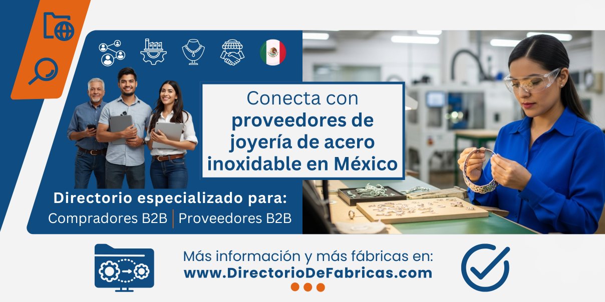 Banner con mujer profesional mexicana en una fábrica de joyería de acero inoxidable realizando control de calidad a un collar.