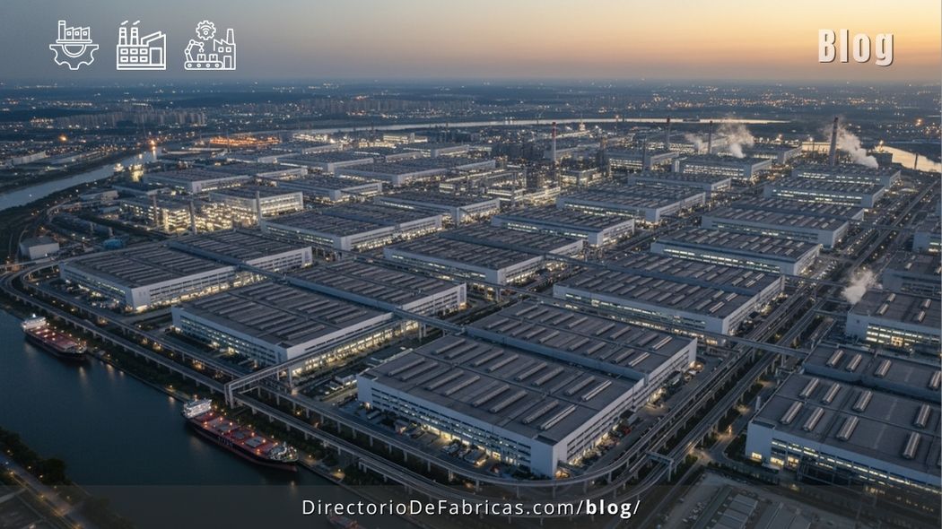 Vista aérea nocturna de un gigantesco complejo industrial con cientos de edificios de fábricas iluminados, rodeados de infraestructura de transporte, vías fluviales y una ciudad en el horizonte, simbolizando las megaestructuras de manufactura global