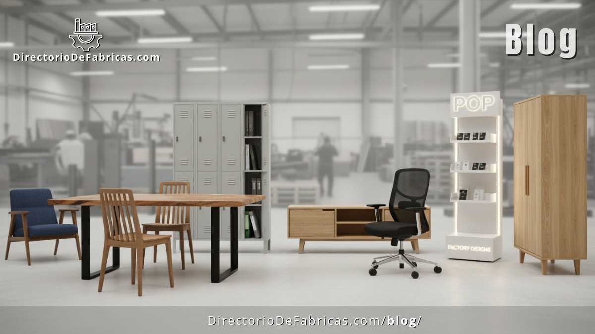 Montaje de 5 tipos de muebles: Una mesa de Parota, un mostrador POP, una silla de oficina, un locker metálico y un mueble RTA.