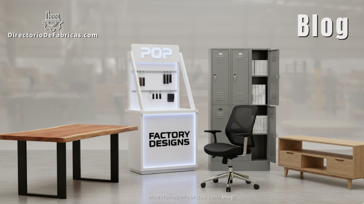 Montaje de 5 tipos de muebles: Una mesa de Parota, un mostrador POP, una silla de oficina, un locker metálico y un mueble RTA.