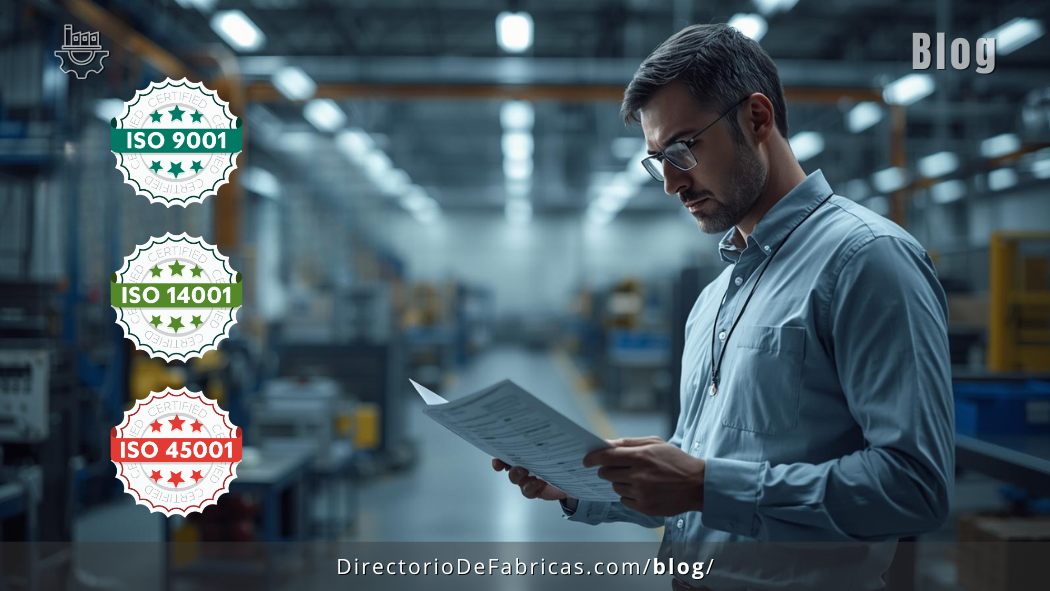 Auditor industrial revisando procesos de calidad en una planta de manufactura moderna con sellos de certificación ISO 9001, ISO 14001 e ISO 45001, representando la excelencia operativa y confianza B2B