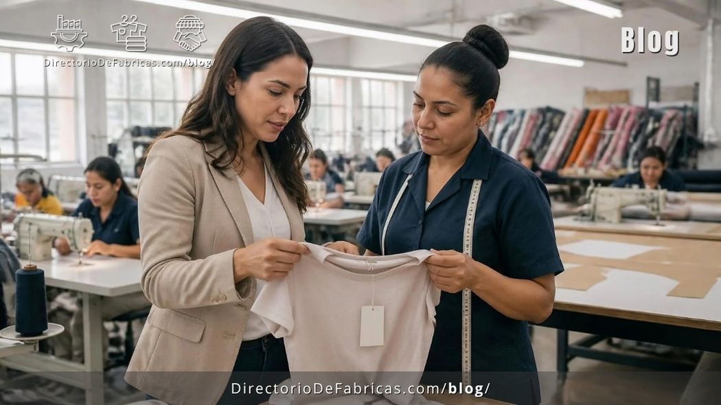 Emprendedora revisando con una confeccionista una muestra de camiseta con su marca en una planta de confección de Medellín, junto a patrones y rollos de tela