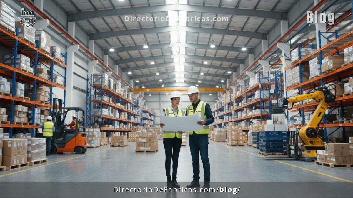 Dos ingenieros o gerentes de planta revisando planos en un gran almacén moderno con iluminación LED, estanterías altas y un robot industrial, representando la planificación de iluminación en México