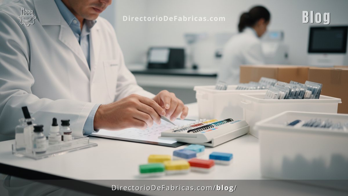 Optometrista seleccionando un lente de contacto de un estuche de prueba en un laboratorio.