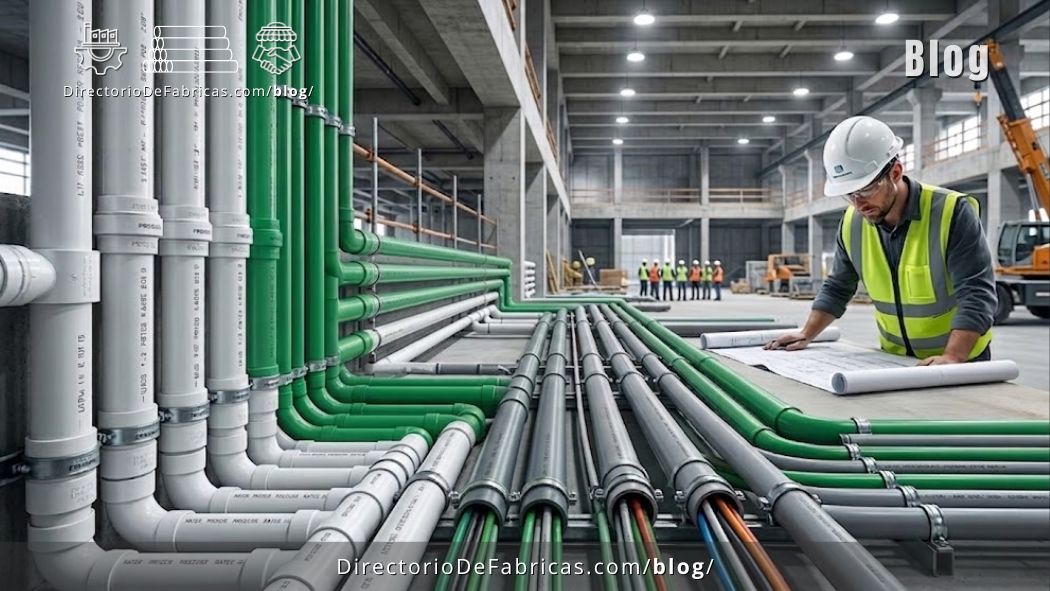 Ingeniero revisando tubos de PVC hidráulicos y conduit certificados en una nave industrial de extrusión en México