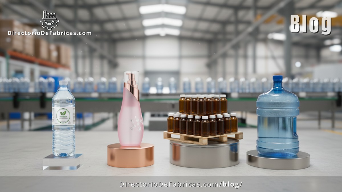 Montaje de 4 tipos de botellas de plástico: Una botella PET para agua con certificación, un envase cosmético de diseño único, una pila de botellas para producción masiva y un garrafón.