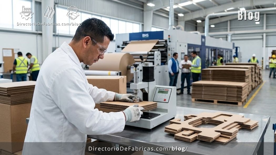 Ingeniero de empaque inspecciona láminas de cartón corrugado de alta resistencia e impresiones suajadas en una planta industrial automatizada en México