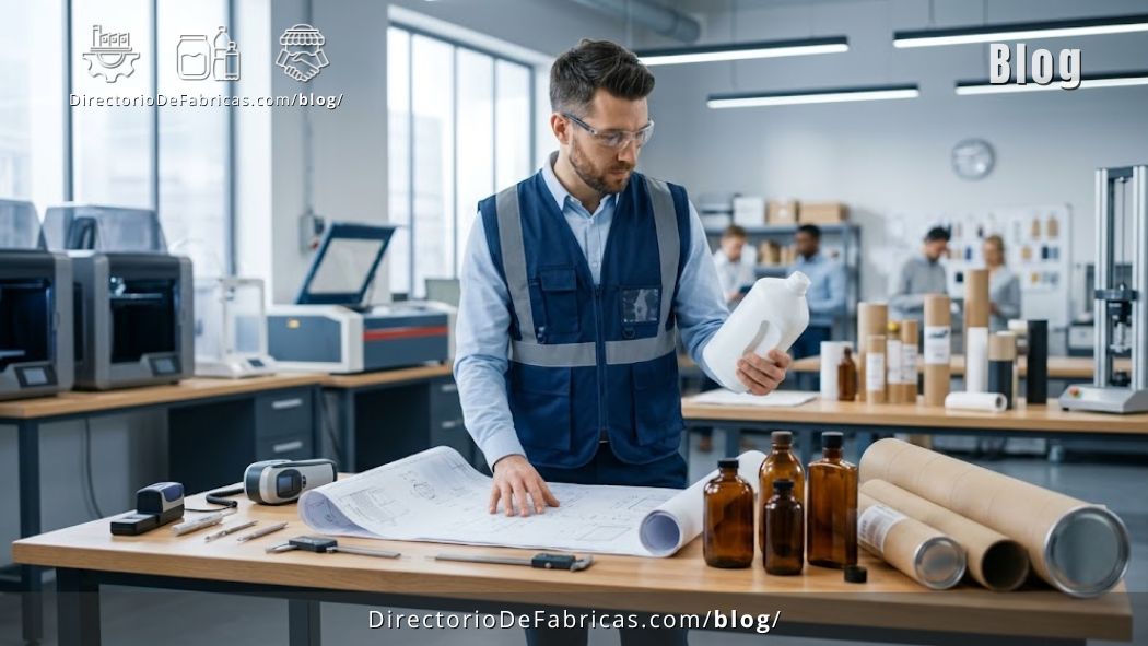 Ingeniero industrial mexicano inspecciona un lote de botellas PET recién moldeadas en una fábrica de envases automatizada en México