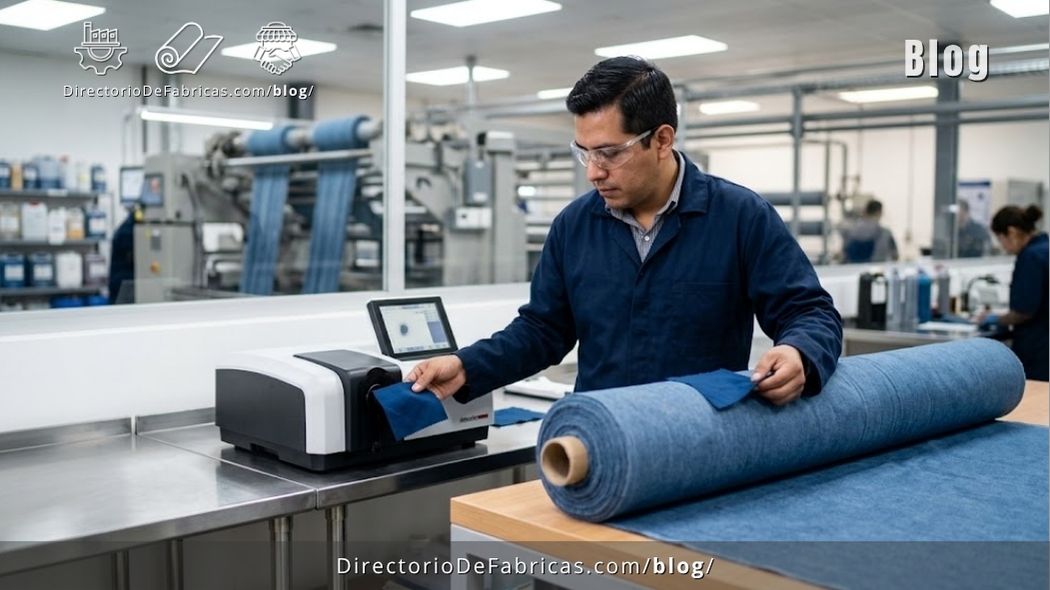 Ingeniero textil mexicano inspecciona un lote de rollos de tela teñida en una fábrica automatizada de tejido de punto en México