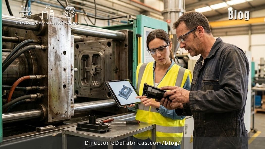 Ingeniera de compras revisando con un técnico de planta una pieza de plástico recién inyectada junto a un molde abierto y una inyectora, con el plano de la pieza en una tableta