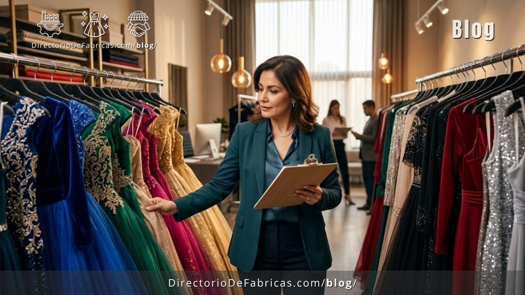 Dueña de boutique B2B inspeccionando vestidos de gala en un rack mayorista, evaluando telas y bordados de alta costura
