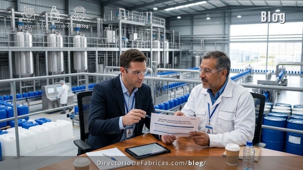 Ingeniero químico chileno inspecciona una línea automatizada de mezclado y envasado de detergentes en una fábrica industrial en Chile