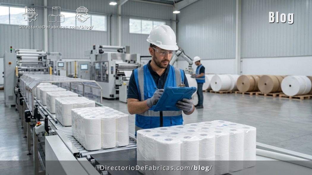 Ingeniero de control de calidad inspeccionando bobinas de papel higiénico y rollos de celulosa virgen en una planta convertidora tissue en Santiago de Chile.
