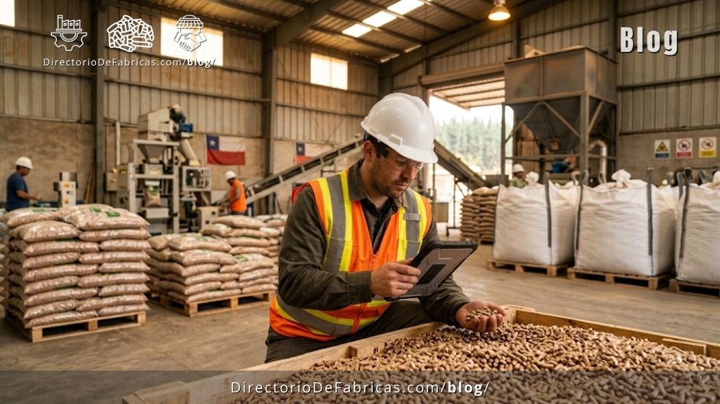 Ingeniero técnico industrial auditando la densidad y calidad de sacos de pellet de pino radiata en una planta peletizadora en la Región del Biobío, Chile.