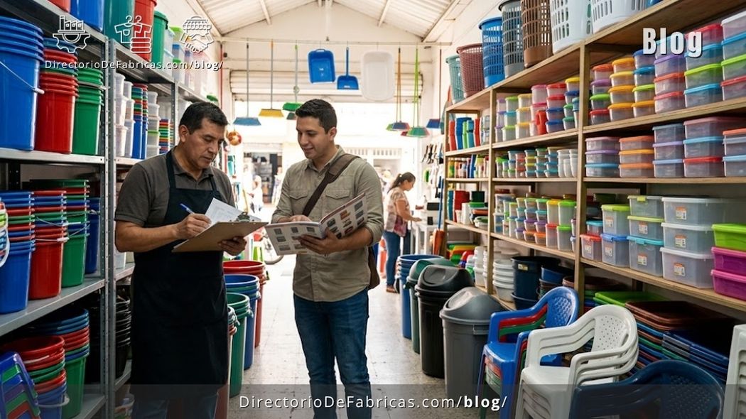 Dueño de una tienda de plásticos para el hogar organizando en estanterías recipientes, organizadores, canecas y artículos de cocina, mientras revisa una lista de pedido con un proveedor