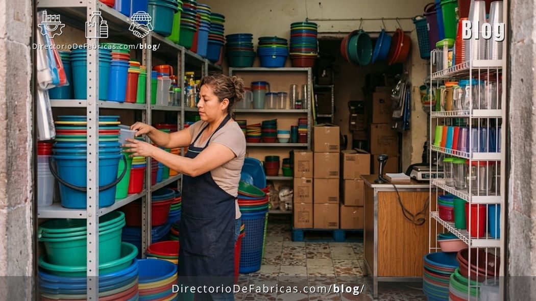 Dueña de una tienda de plásticos en Puebla acomodando cubetas, recipientes con tapa, vasos y jarras de colores en anaqueles, con mercancía surtida directo de fábrica