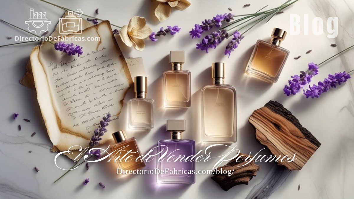 El arte de vender perfumes que dejan huella, representado por frascos elegantes junto a una carta manuscrita y fotos antiguas que evocan memoria
