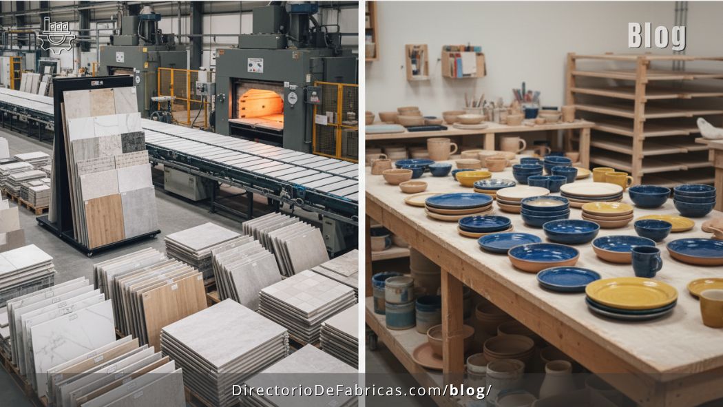 Imagen dividida: fábrica industrial de baldosas y revestimientos cerámicos con pilas de azulejos y hornos, junto a taller artesanal con vajilla de cerámica esmaltada; blog del Directorio de Fábricas