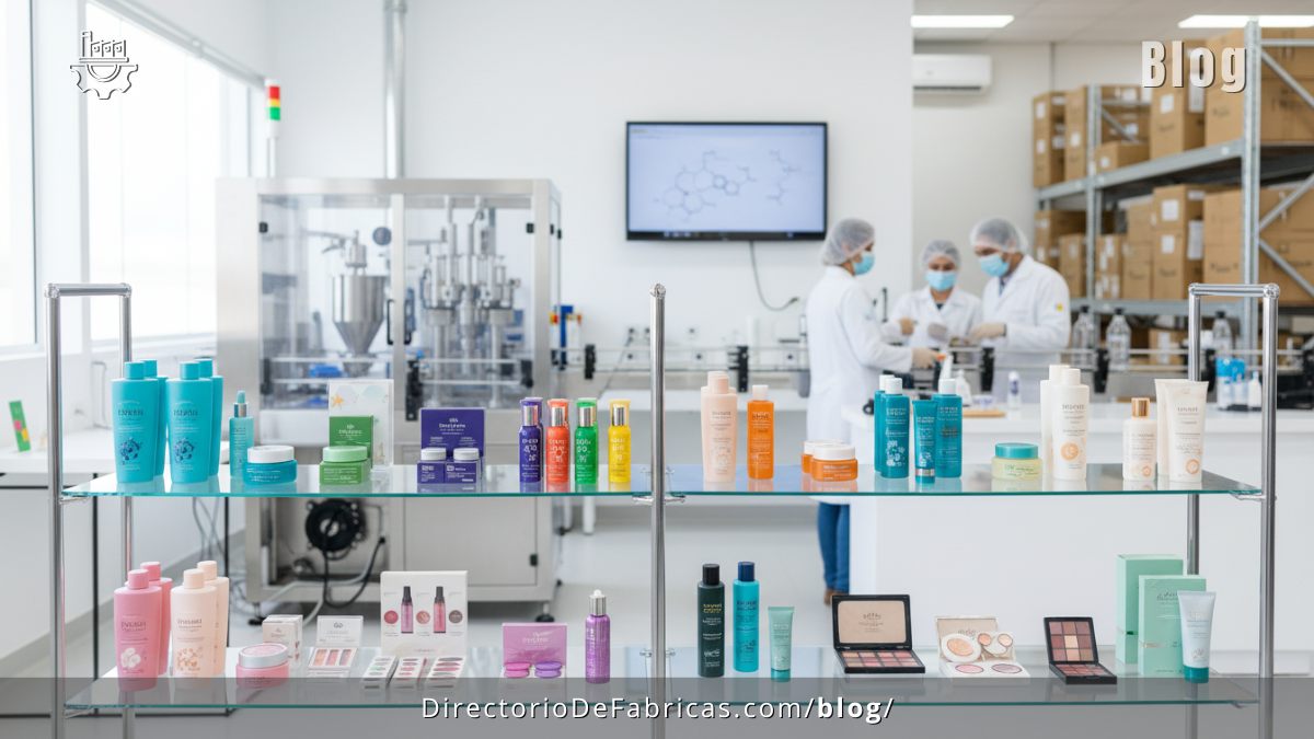 Operarios en una línea de producción de cosméticos en Brasil, representando la industria de belleza B2B y la conexión con proveedores
