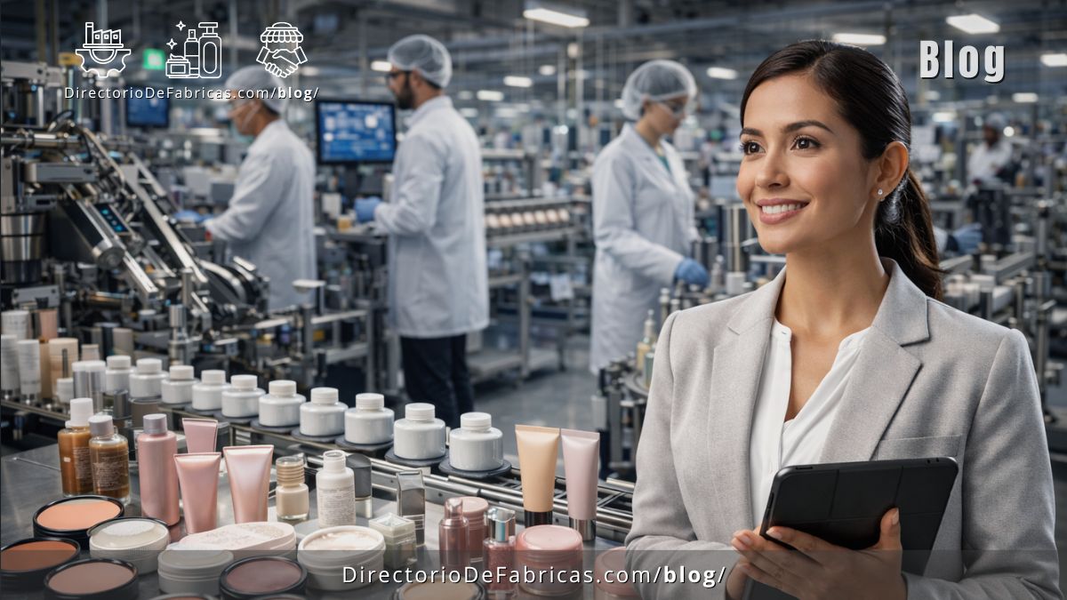 Emprendedora de cosméticos imaginando un laboratorio de alta tecnología con líneas de envasado automatizado para cosmética premium en un clúster industrial de México.