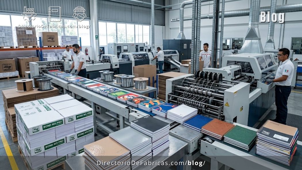 Línea de alzado continuo e impresión flexográfica en una fábrica de cuadernos en México.
