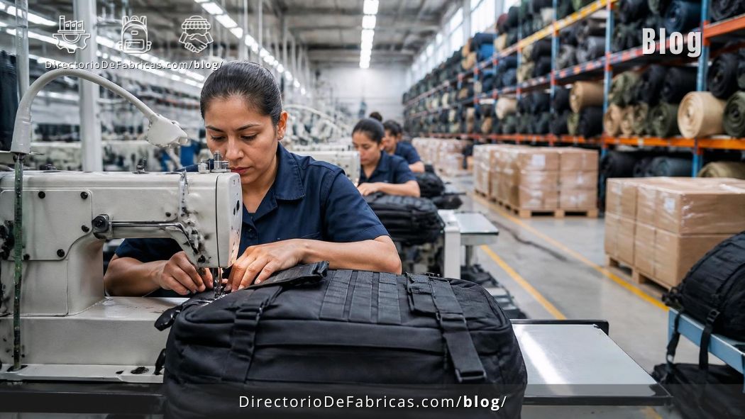 Planta de confección textil con operarios utilizando máquinas de costura para el ensamble de mochilas.