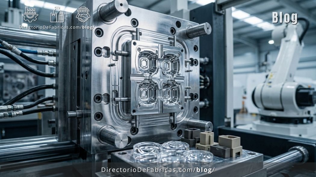 Celda automatizada de moldeo por inyección y soplado de plástico en planta industrial de Jalisco con brazos robóticos y matricería CNC