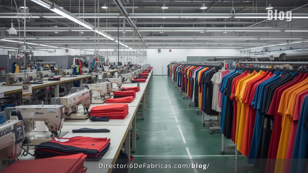 Entorno de fábrica de ropa deportiva con una línea de producción industrial de alta capacidad.