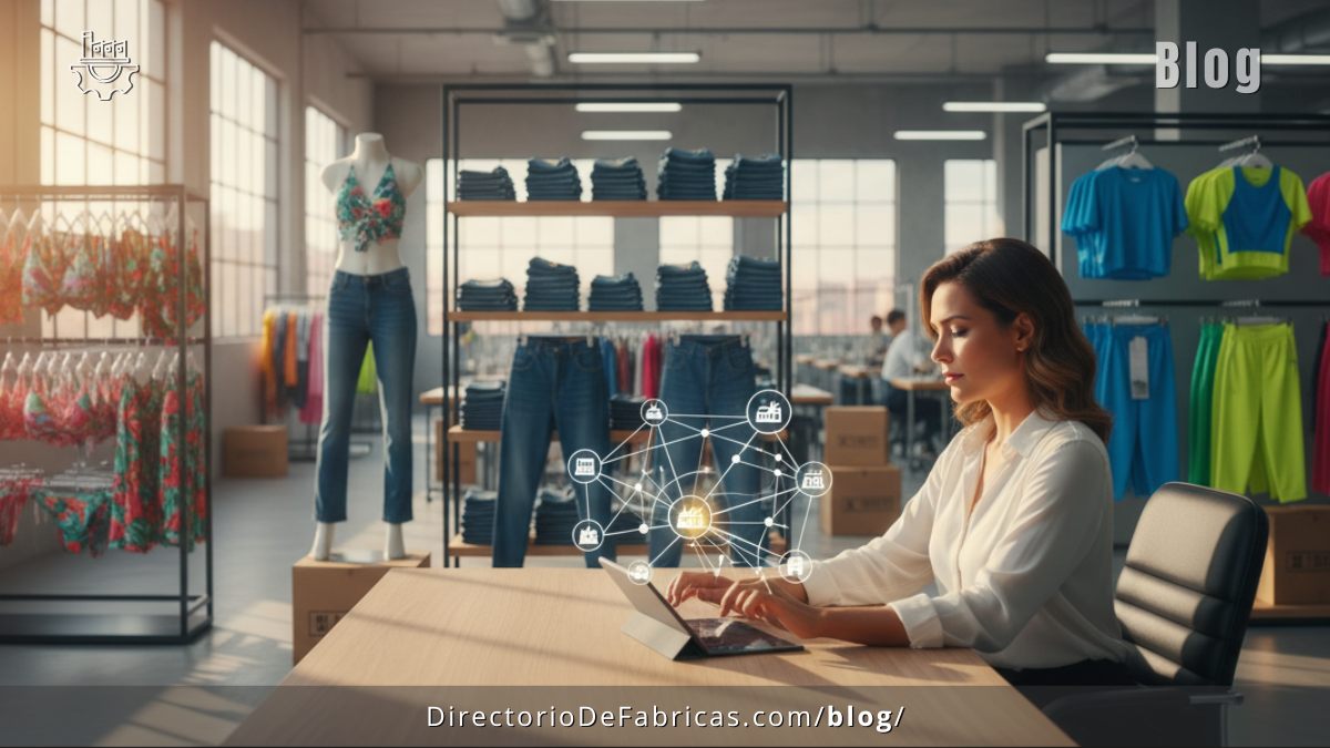 Mujer de negocios usando una laptop en un showroom de ropa con prendas de moda brasileña (bikinis, jeans, camisetas) y una red de conexiones B2B, representando la búsqueda de fabricantes en Brasil
