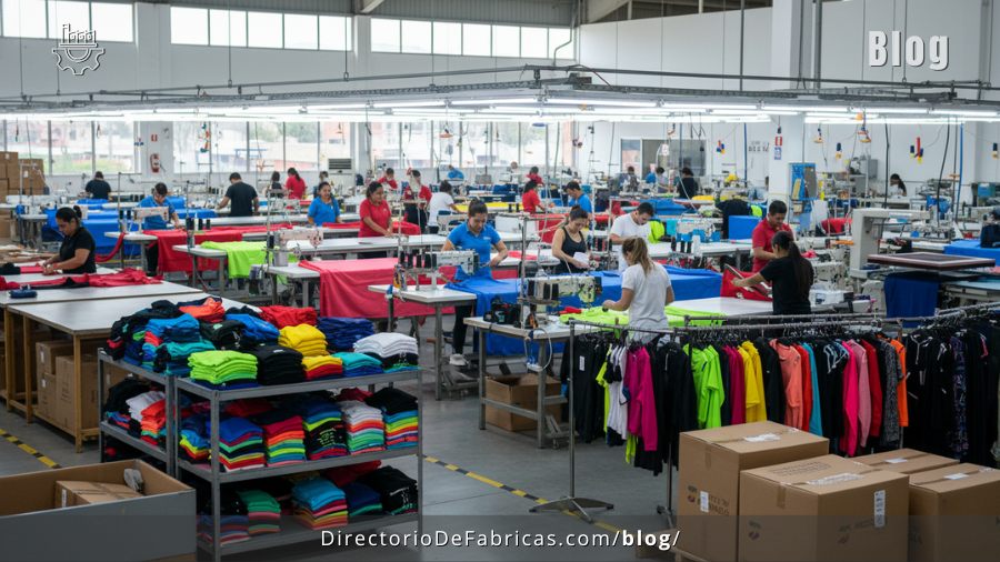 Vista interior de una fábrica de ropa deportiva en Colombia con líneas de confección industrial, operarios trabajando y stock de prendas listas para distribución mayorista.