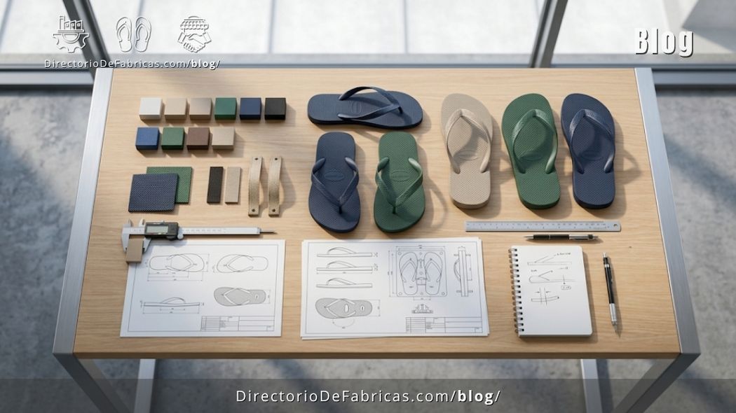 Prototipos de sandalias personalizadas con logotipo grabado sobre una mesa de diseño técnico para manufactura de marca privada.