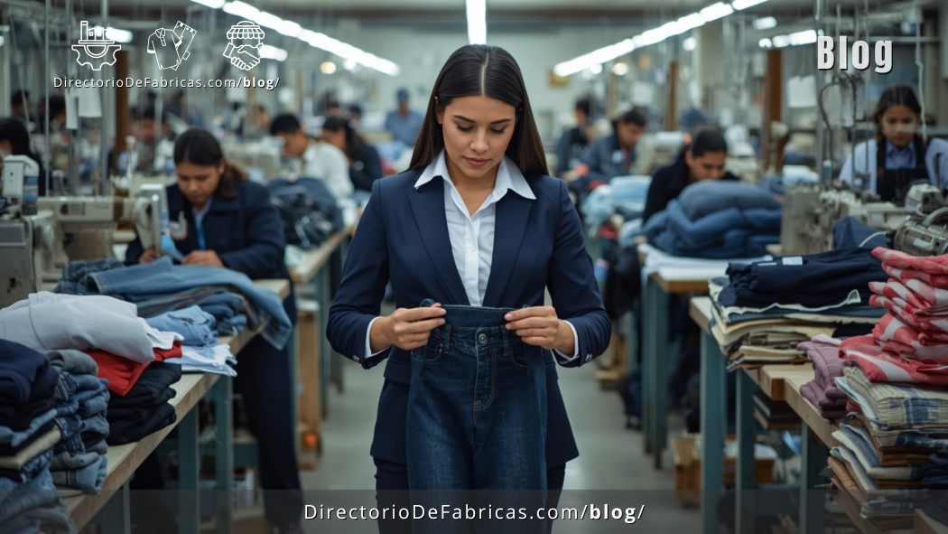 Empresaria revisando calidad de telas en una fábrica de ropa mexicana, con máquinas de costura industrial al fondo, representando la búsqueda de proveedores textiles