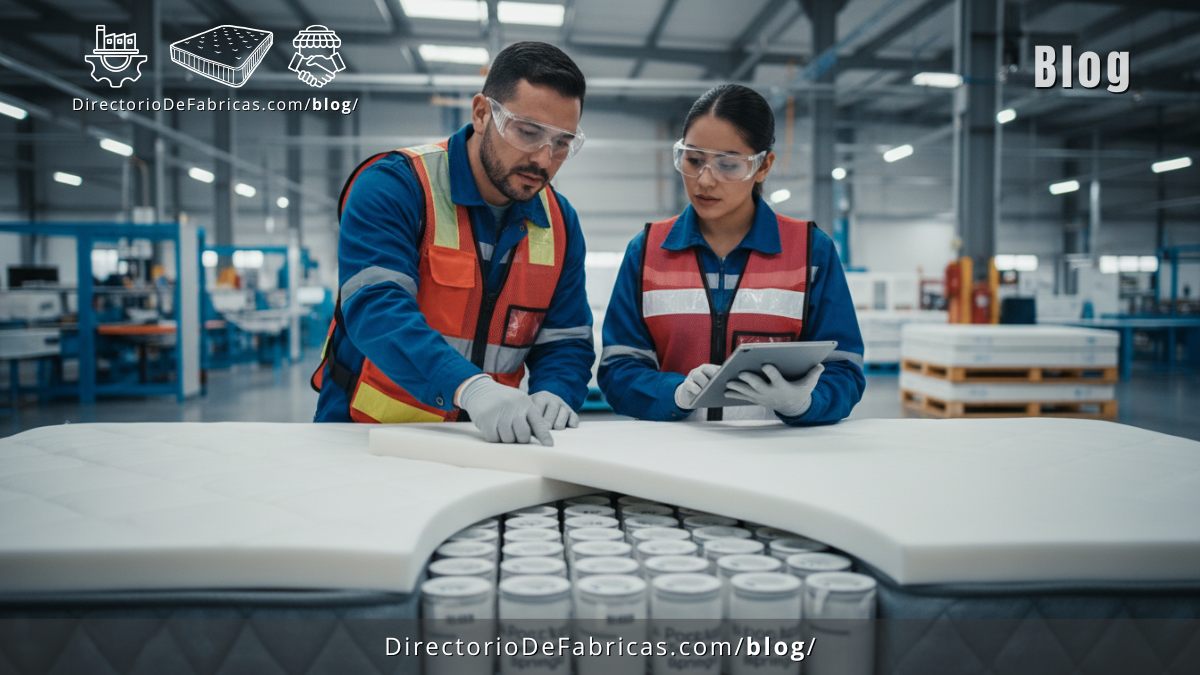 Técnicos inspeccionando las capas de confort y el núcleo de resortes Pocket en una fábrica de colchones de alta tecnología en México