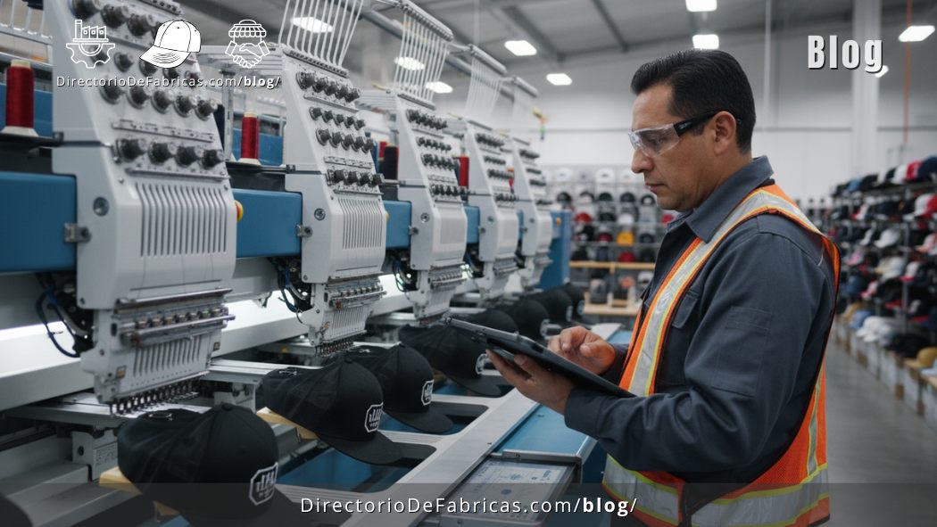 Operario especializado supervisando una máquina de bordado multicabezal de alta precisión en una planta de gorras en México