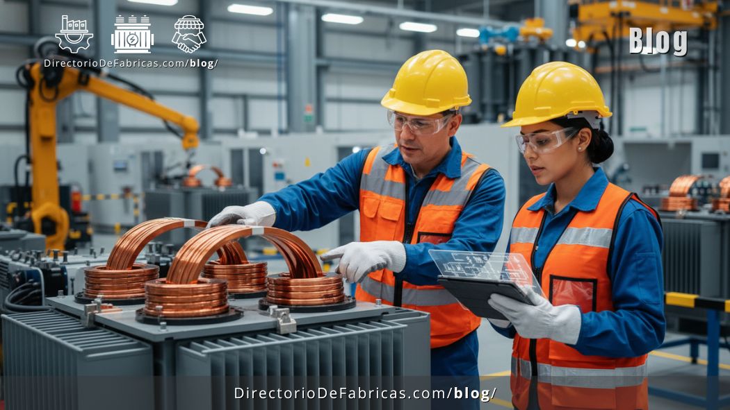 Ingeniero eléctrico supervisando las bobinas y el núcleo de un transformador de potencia en una planta de alta tecnología en México
