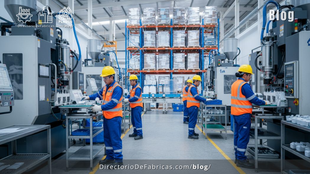 Trabajadores especializados en una fábrica de plásticos en México, con maquinaria moderna y al fondo productos plasticos listos para entregar