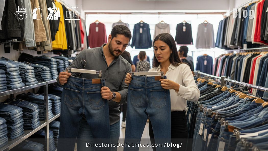 Comerciante chileno revisando calidad de jeans en un showroom de Patronato, con fondo de estantes de ropa, representando la búsqueda del mejor proveedor mayorista