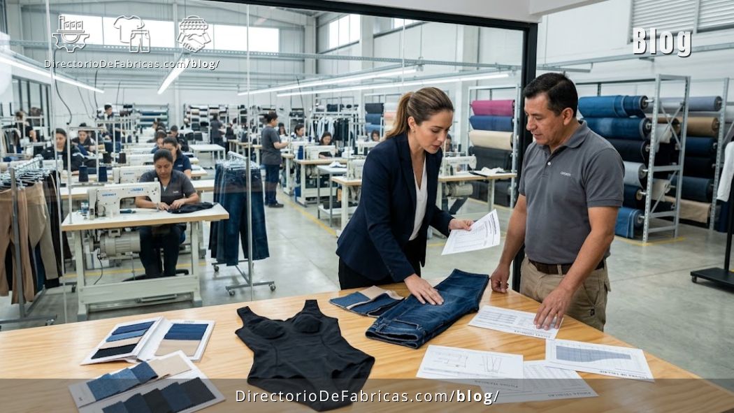 Compradora B2B y gerente de planta evaluando muestras de jeanswear, fajas y tejido de punto en un showroom industrial de Bogotá para seleccionar al mejor fabricante de ropa