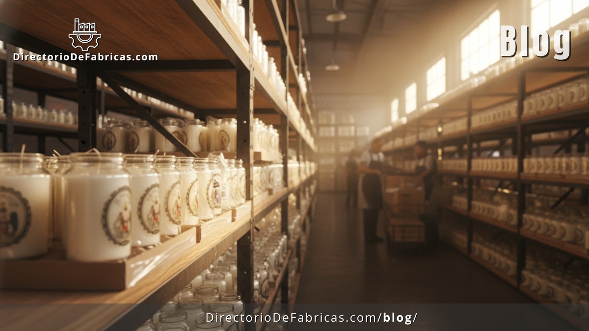 Estantes de un almacén repletos de veladoras en vaso de vidrio, listas para su distribución al por mayor.