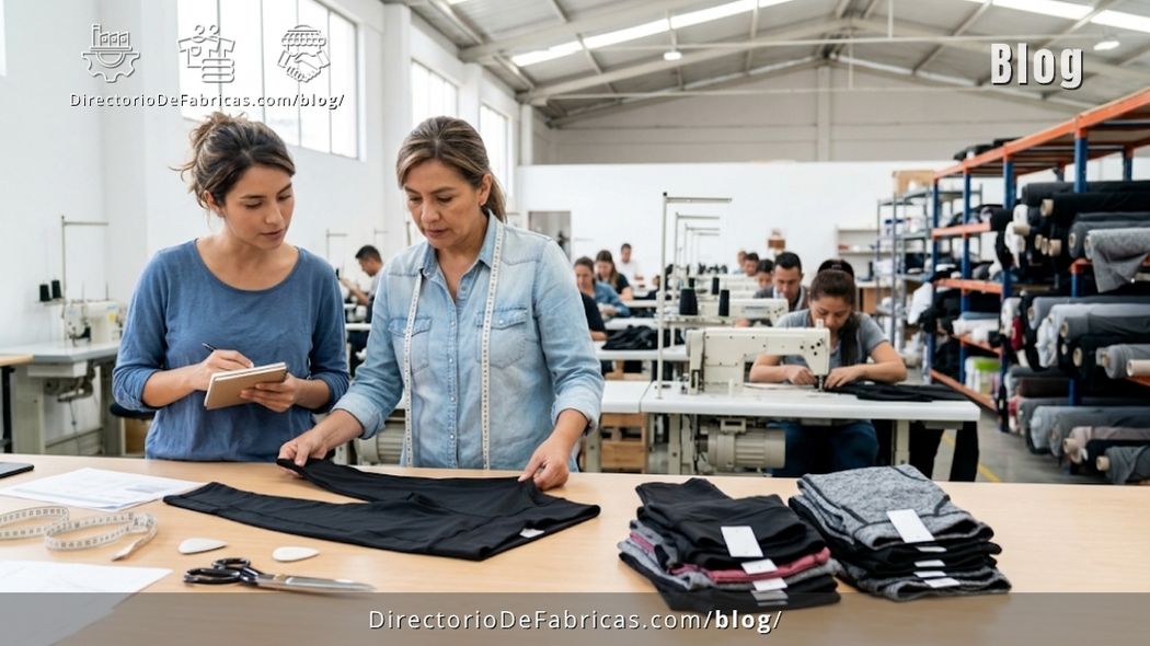 Emprendedora y jefa de producción revisan una muestra aprobada junto a un pequeño lote de prendas dobladas por colores y tallas en una planta de confección en Colombia