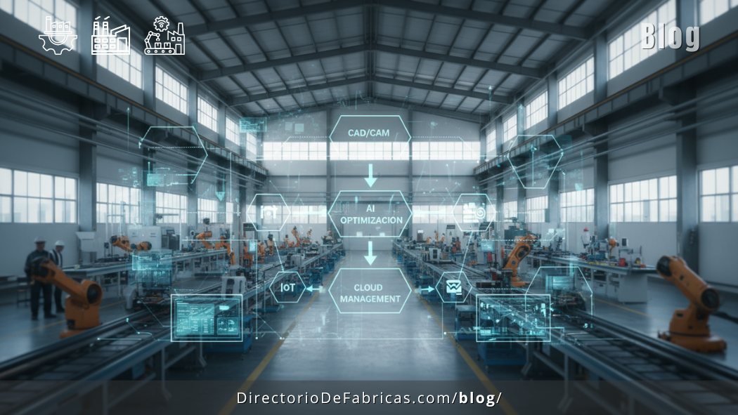 Interior de una fábrica moderna con robots y líneas de producción, superpuesto con gráficos holográficos de IA, IoT y gestión en la nube, simbolizando la manufactura inteligente