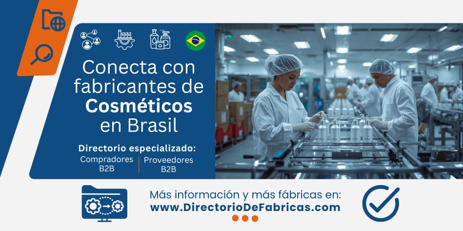 Banner del Directorio de Fábricas de Cosméticos en Brasil: Conecta con fabricantes, compradores y proveedores B2B. Imagen de operarios en línea de producción