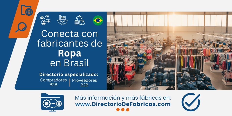 Banner del Directorio B2B de Fábricas de Ropa en Brasil, mostrando el interior de una planta de confección industrial activa con trabajadores y stock de jeans y moda playa