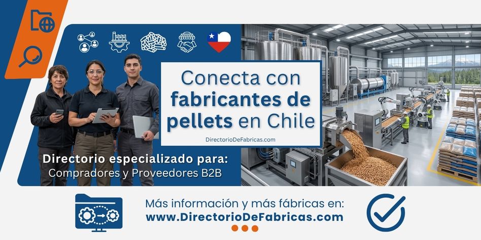 Comercializadores de pellets y una nave industrial peletizadora de biomasa en Chile mostrando la extrusión continua de pellets de pino radiata y la línea de envasado en sacos mayoristas.