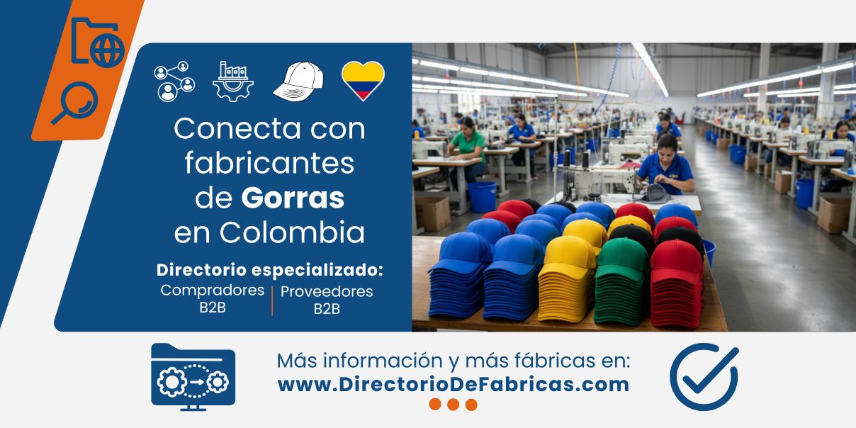 Banner del Directorio B2B de Fábricas de Gorras en Colombia, ilustrando una planta de confección industrial con operarias trabajando y pilas de cachuchas de colores listas para distribución mayorista