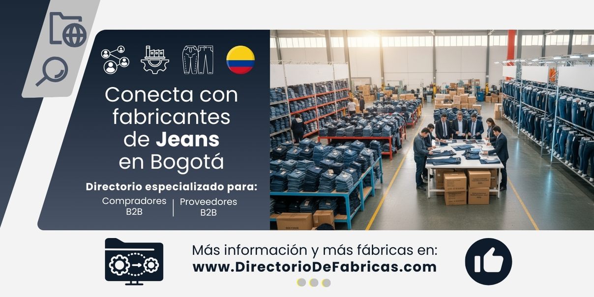 Showroom o bodega de distribuidor de jeans al por mayor en Bogotá, con gran variedad de pantalones exhibidos en estanterías y mesas, y equipos de trabajo colaborando en la gestión de pedidos
