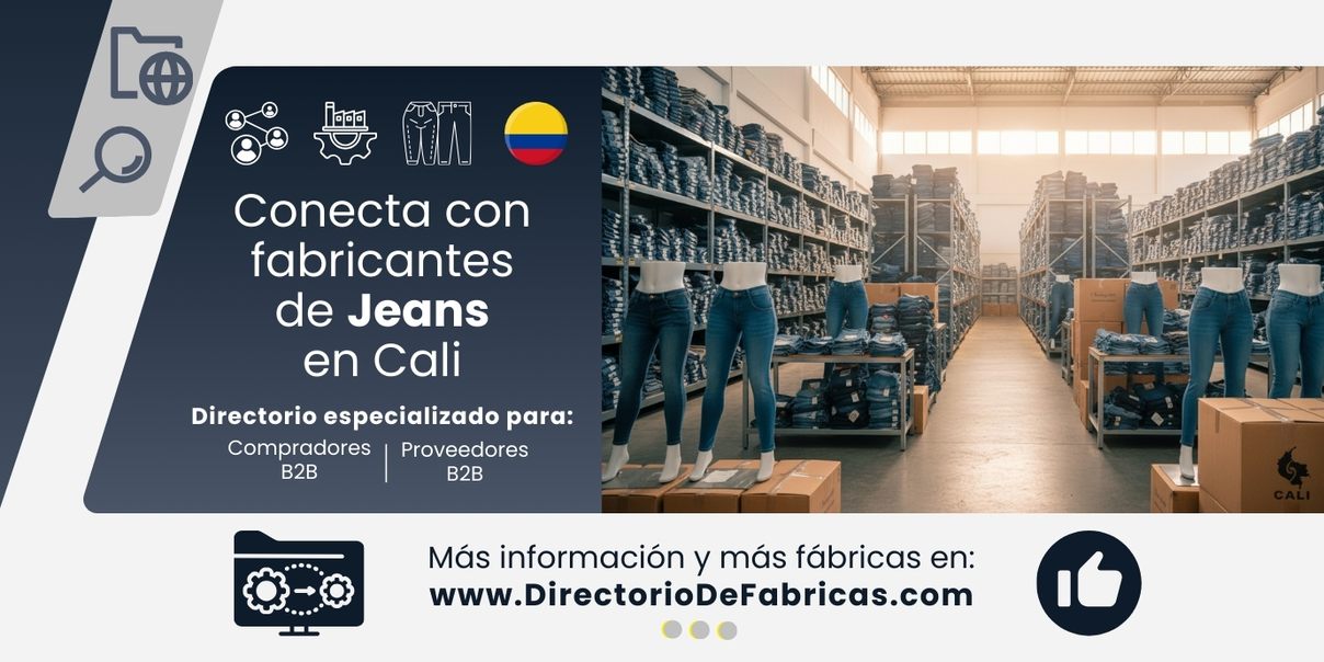 Interior de una gran bodega de jeans en Cali, Colombia, con estanterías repletas de jeans y maniquíes exhibiendo jeans levanta cola, lista para distribución mayorista