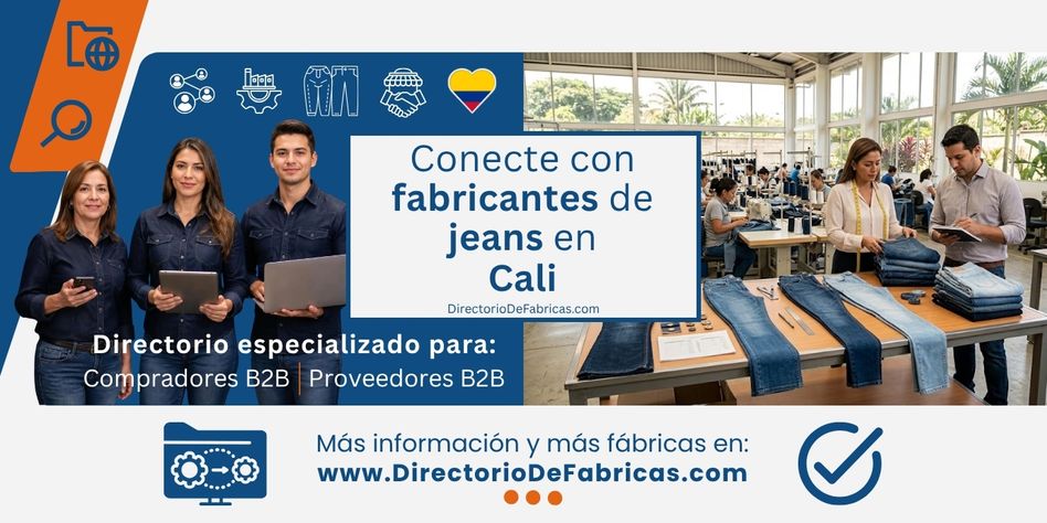Compradores mayoristas de jeans y una fábrica de jeans en Cali con pilas de jeans en distintos tonos de índigo, con operarias de confección