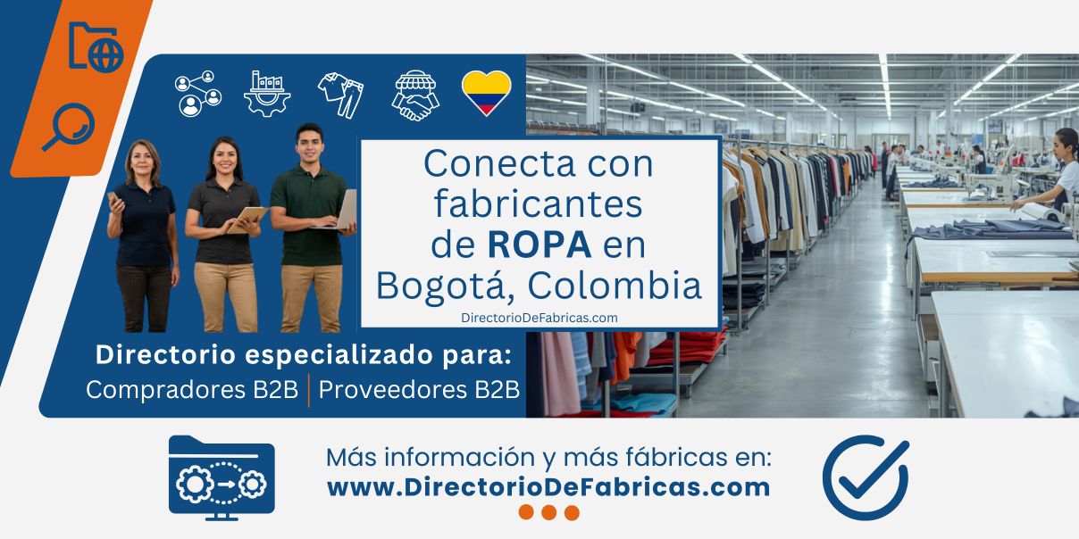 Planta de producción de ropa en Bogotá, con hileras de máquinas de coser industriales y rollos de textiles diversos, representando la confección al por mayor, y distribuidores de ropa.