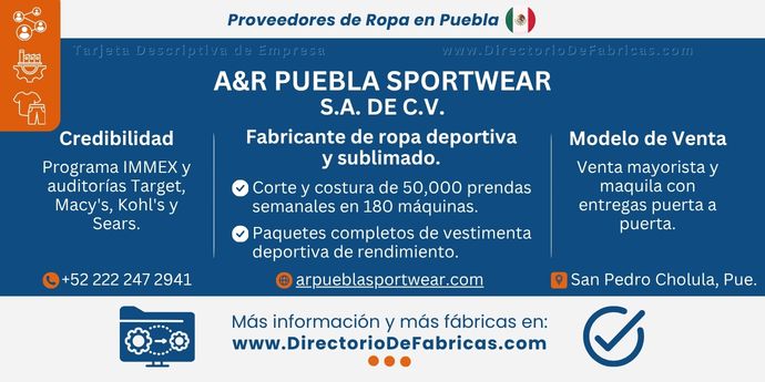 Business Card: A&R Puebla Sportwear, S.A. de C.V. │ Directorio De Fabricas